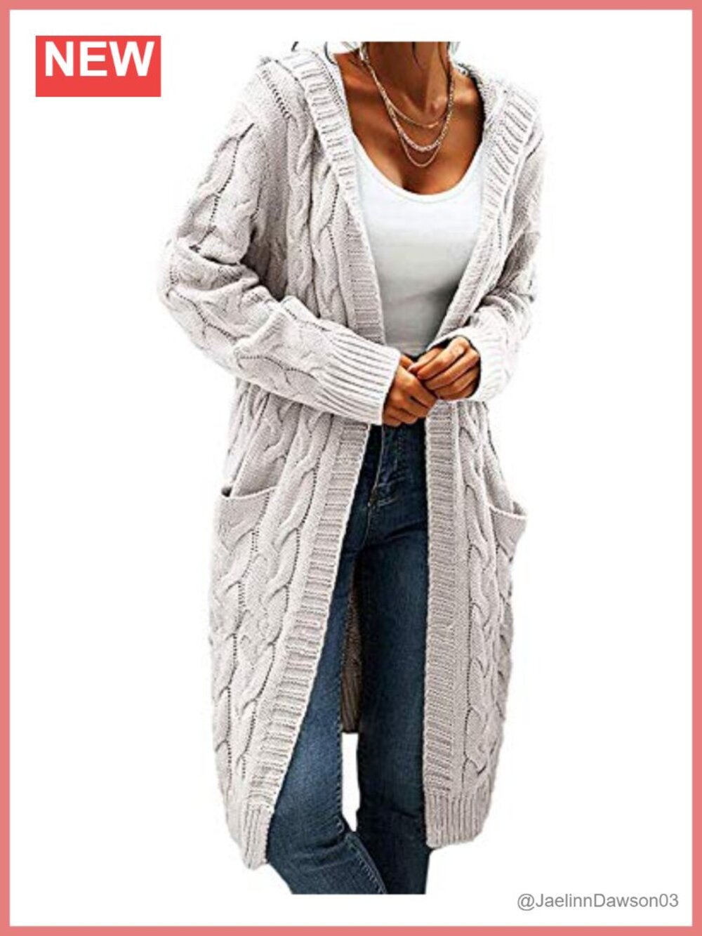 Cable Knit Long Sleeve Open Front Hooded Cardigan Sweater with Pockets